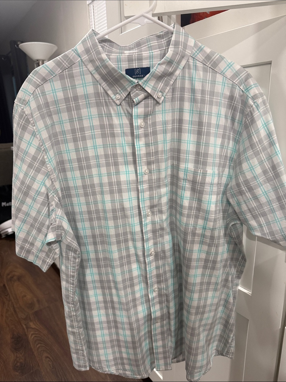 George Men’s Gray & Aqua Plaid Short-Sleeve Button-Down Shirt, XL